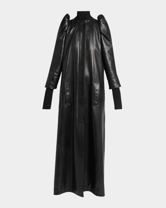 Structured Puff-Sleeve Long Leather Coat